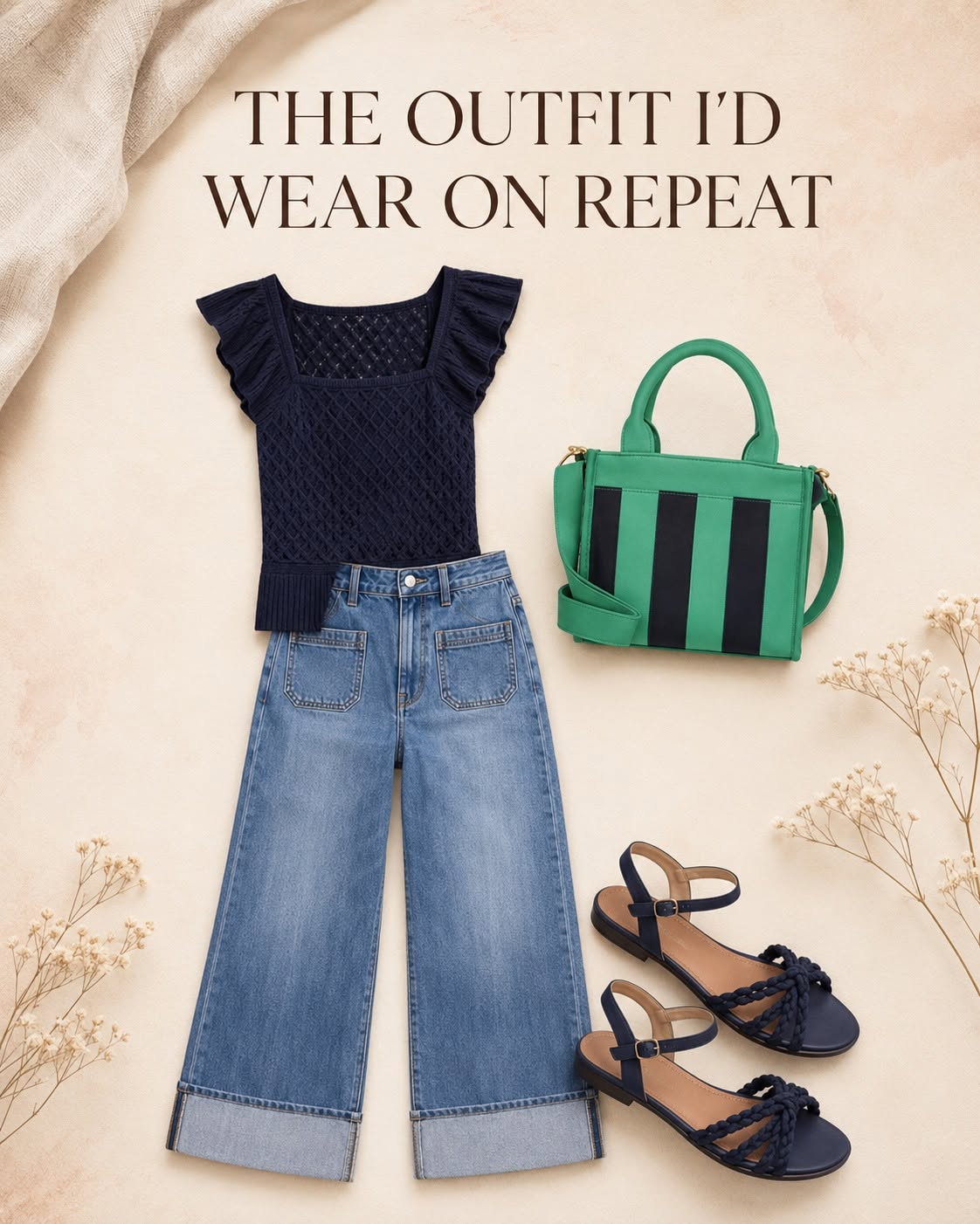 Editorial outfit flatlay illustrating a creator’s personal style